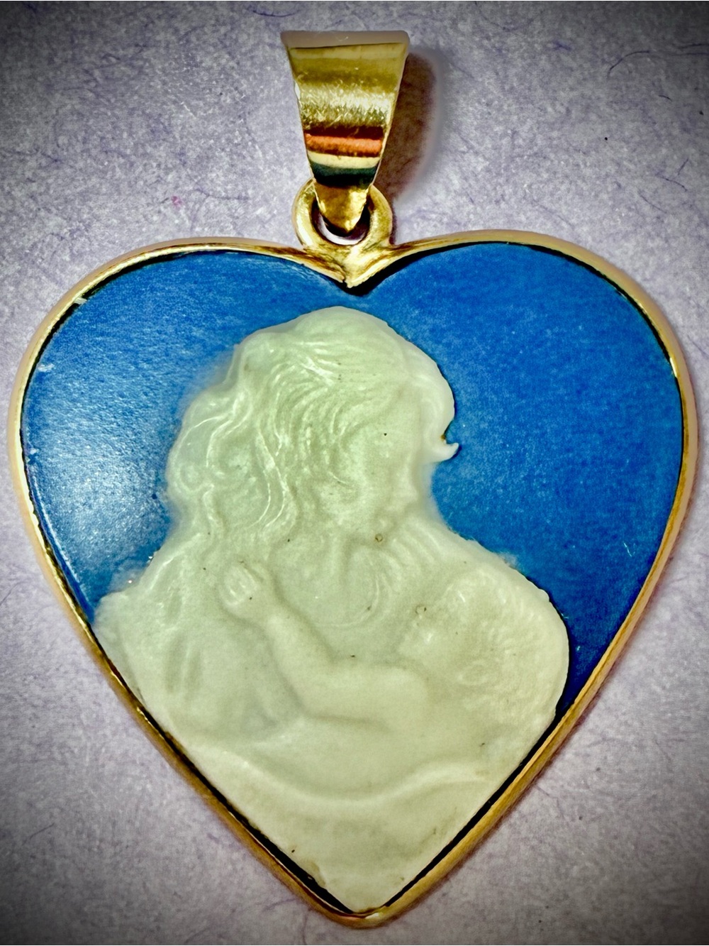 10K Gold Heart-Shaped Cameo Pendant, Mother and Child